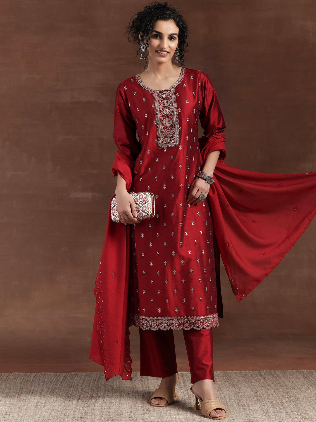 Red Embroidered Silk Blend Straight Suit With Dupatta - Libas 