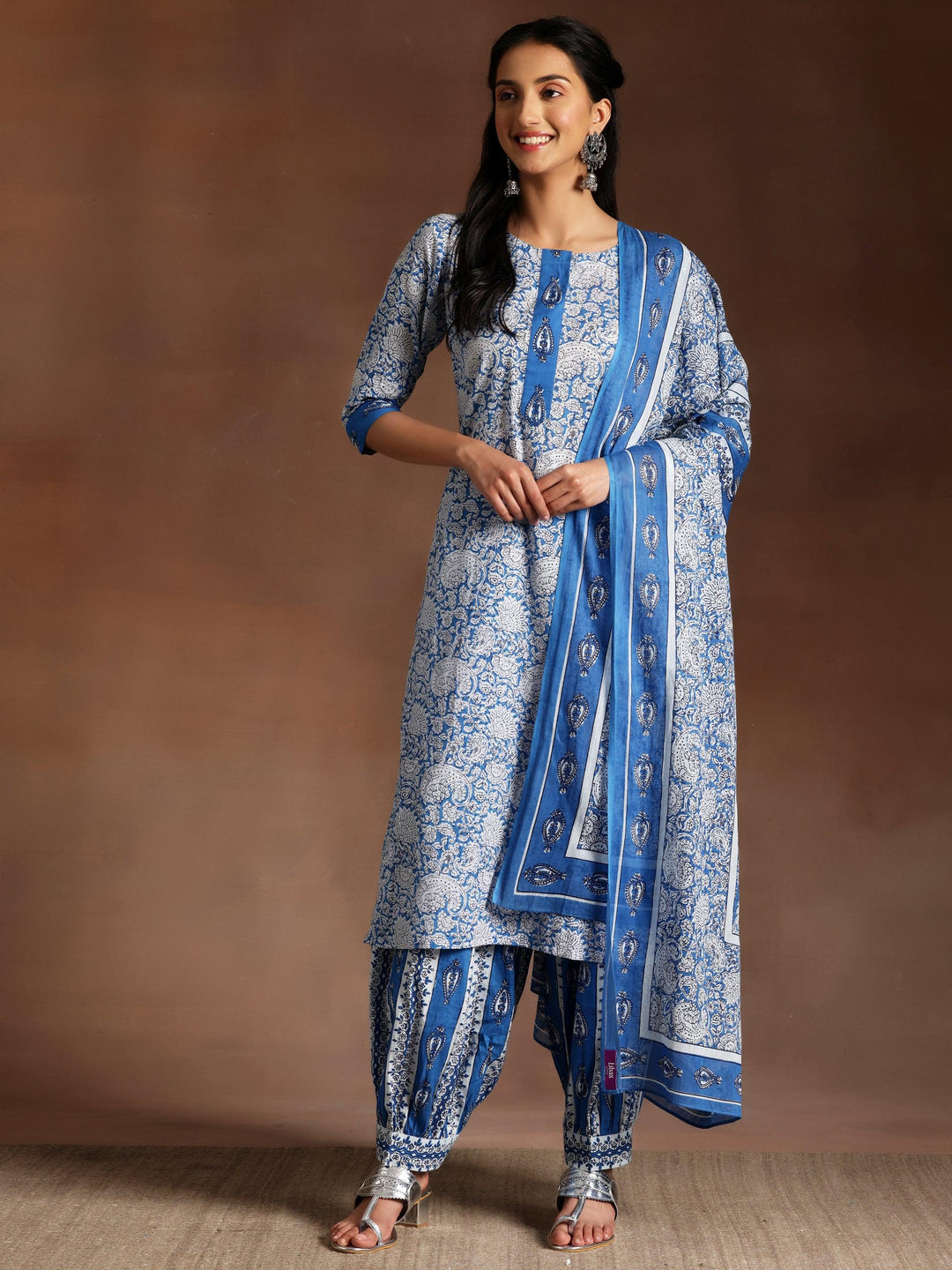 Blue Printed Cotton Straight Suit With Dupatta - Libas 