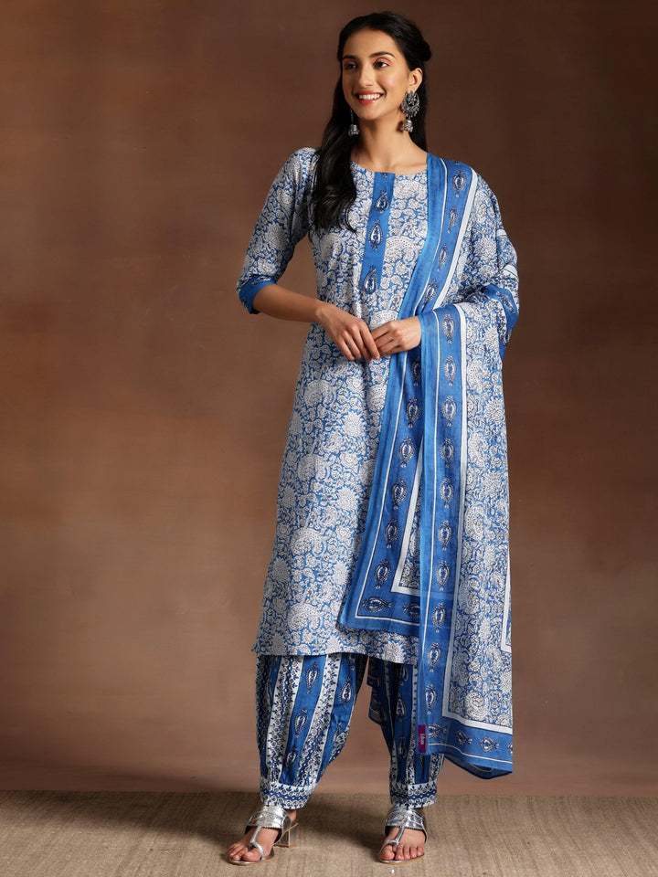 Blue Printed Cotton Straight Suit With Dupatta - Libas