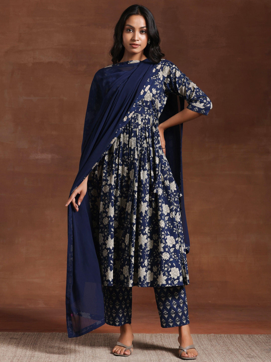 Blue Printed Pure Cotton Anarkali Suit With Dupatta - Libas 