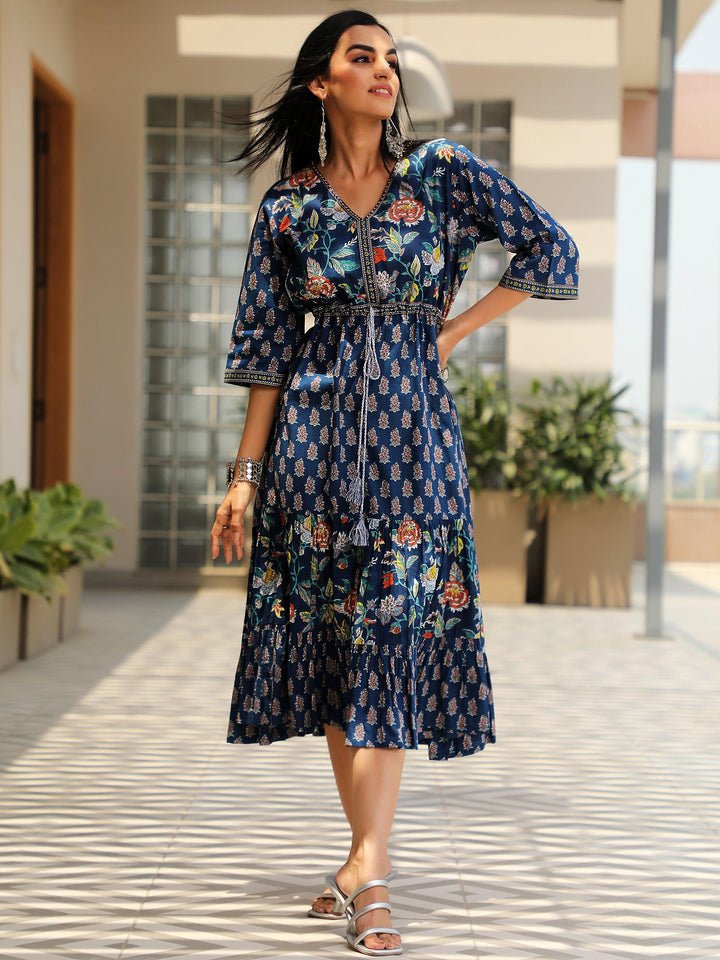 Blue Printed Cotton Fit and Flare Dress - Libas