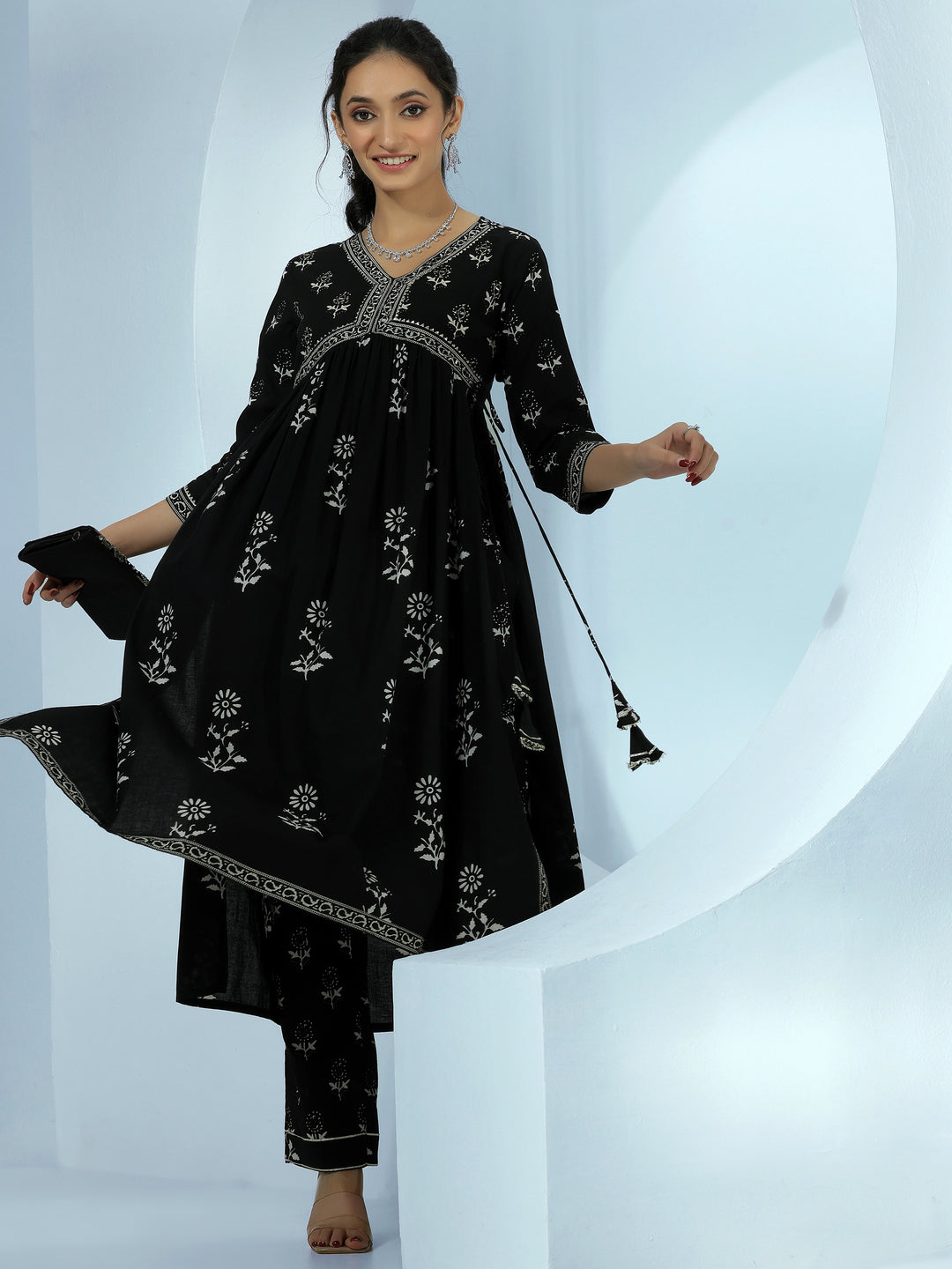  Black Printed Cotton A-Line Kurta With Palazzos 