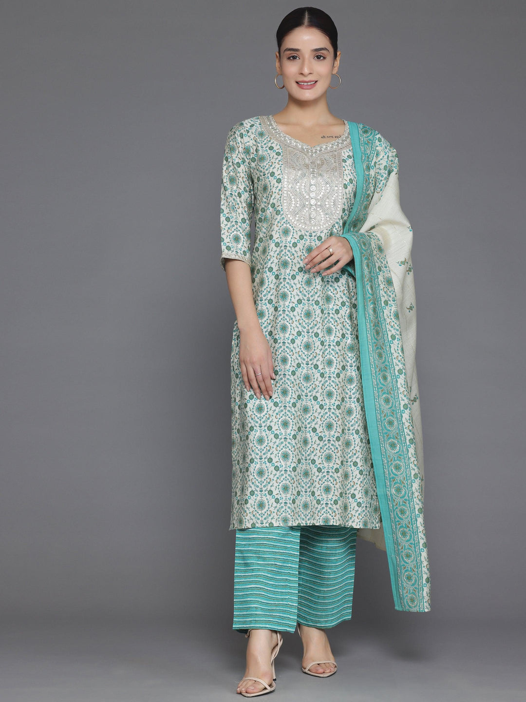 Beige Printed Silk Blend Straight Suit With Dupatta - Libas