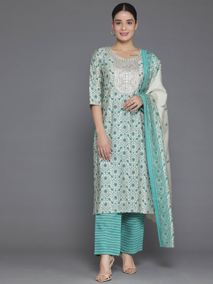 Beige Printed Silk Blend Straight Suit With Dupatta - Libas