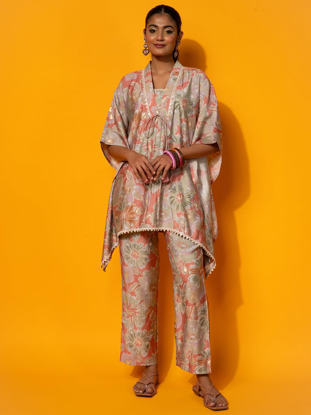 Peach Printed Silk Blend Co-Ords - Libas 