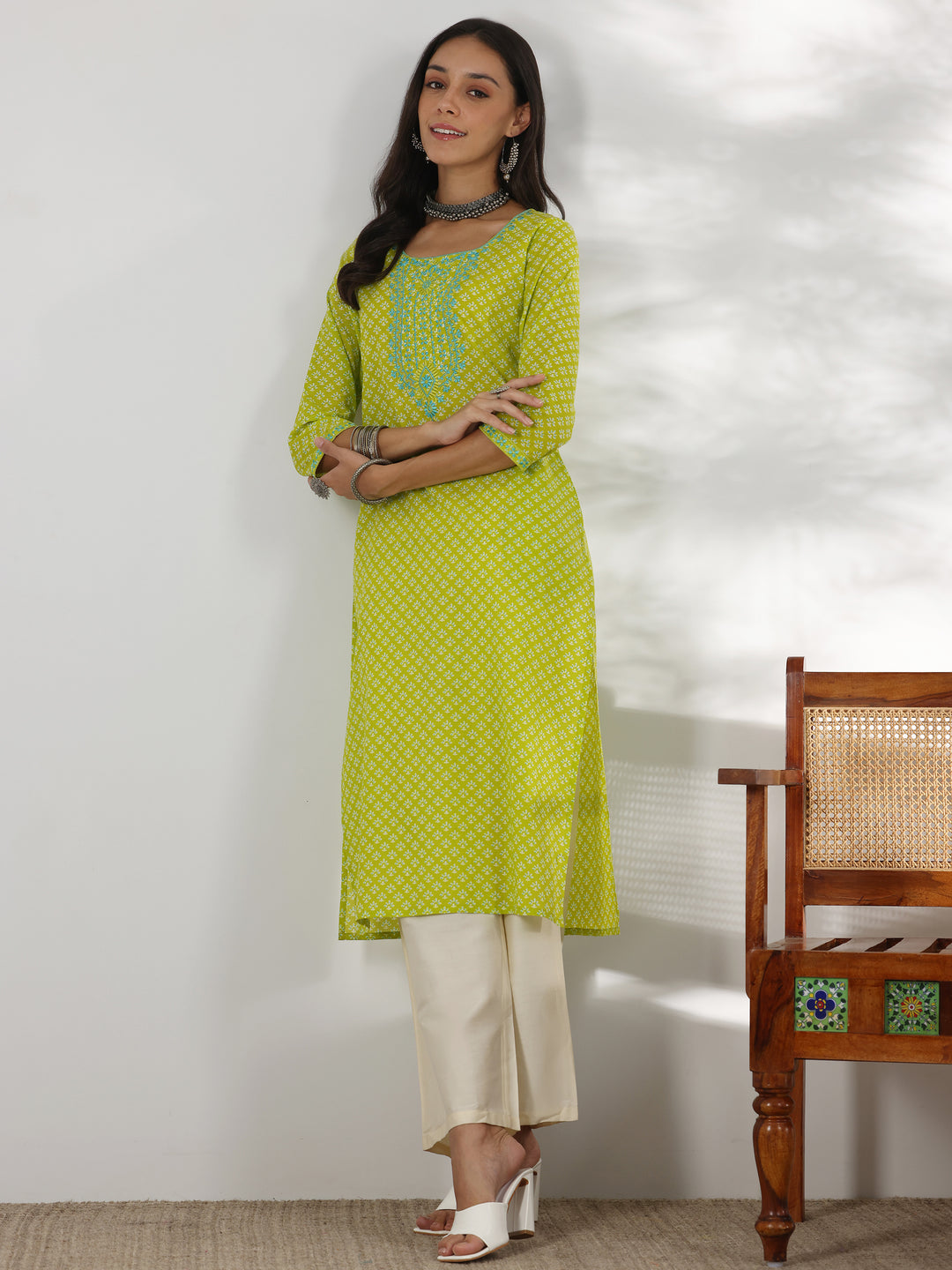 Green Printed Cotton Straight Kurta