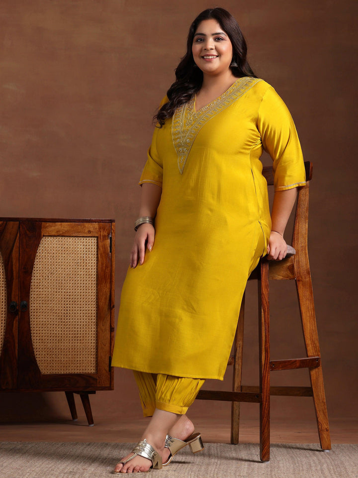 Plus Size Yellow Yoke Design Silk Blend Straight Kurta Set - Libas