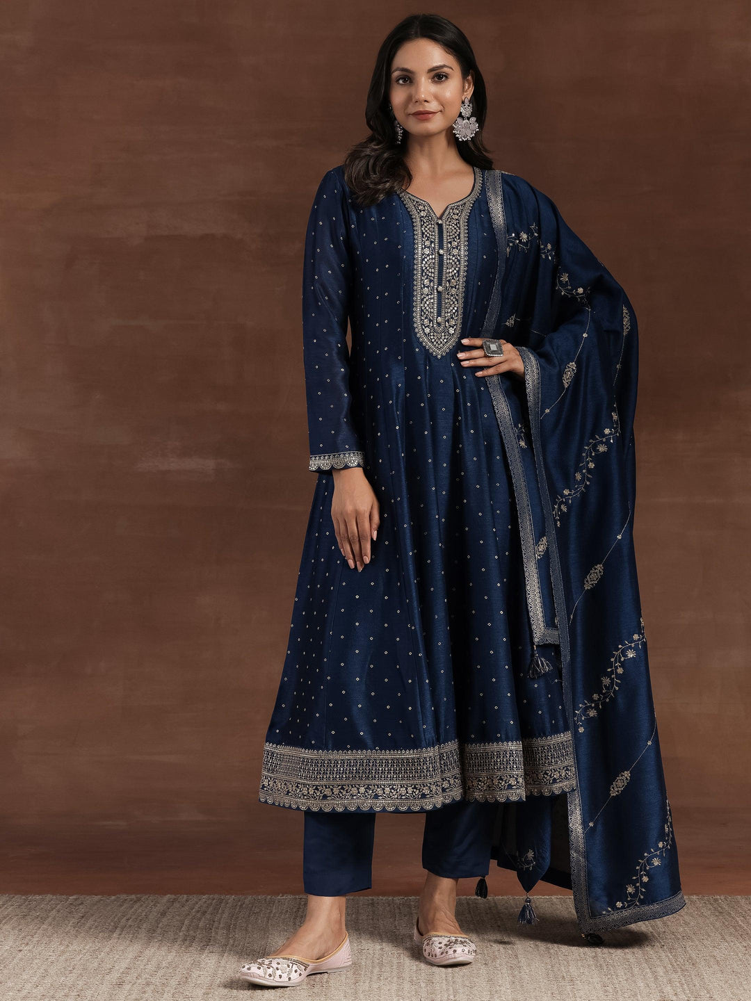 Rizwana Blue Embroidered Silk Blend A-Line Kurta With Trousers & Dupatta - Libas 