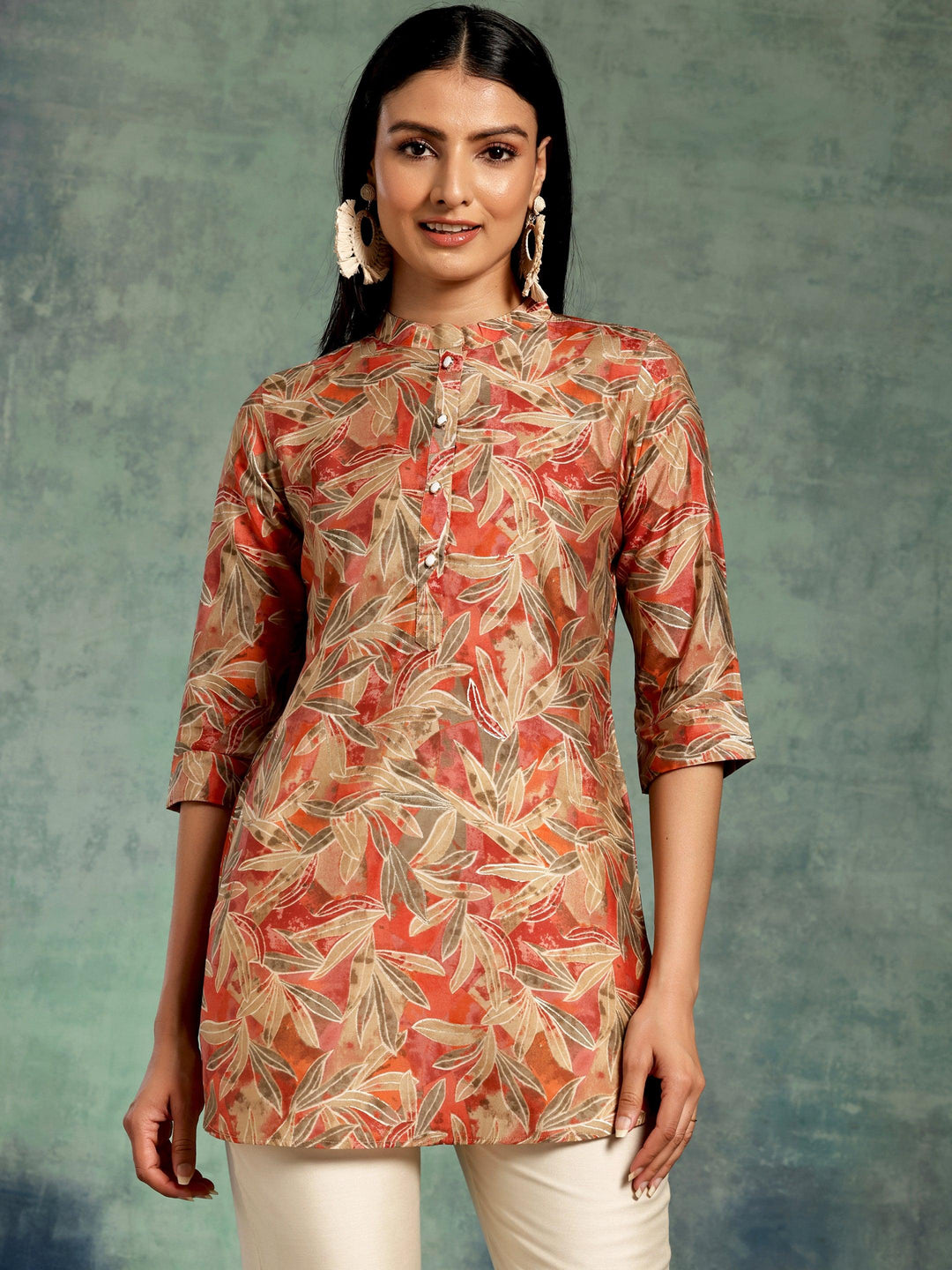 Beige Printed Silk Blend Straight Kurti - Libas