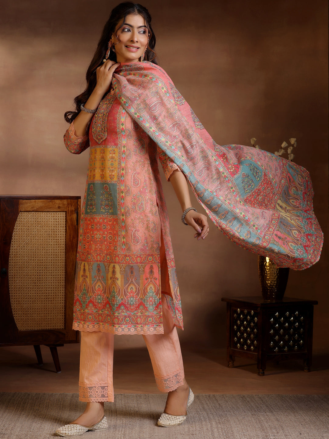  Peach Printed Linen Straight Suit With Dupatta 