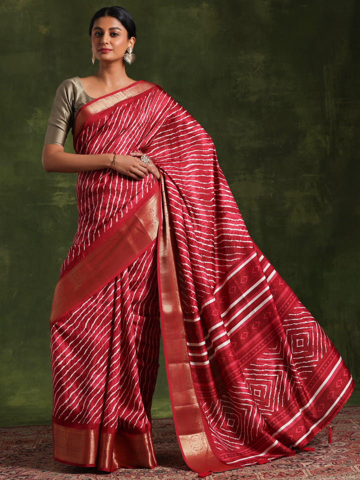 Maroon Printed Silk Blend Saree With Unstitched Blouse Piece - Libas