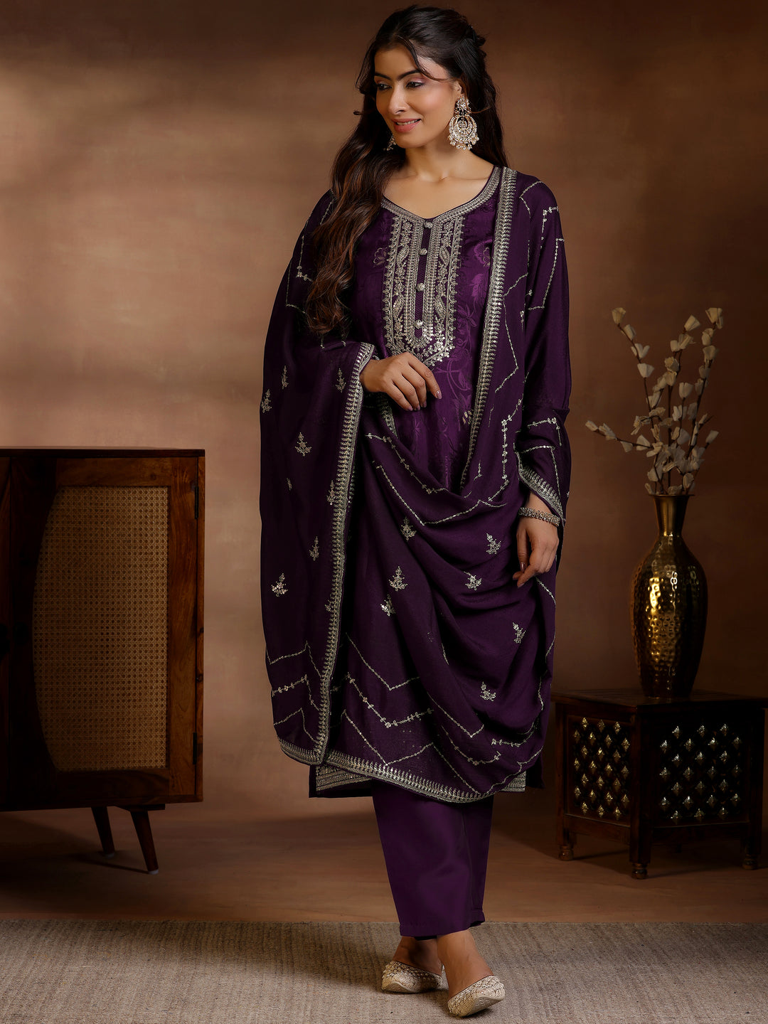 Wine Woven Design Silk Blend Straight Suit With Dupatta