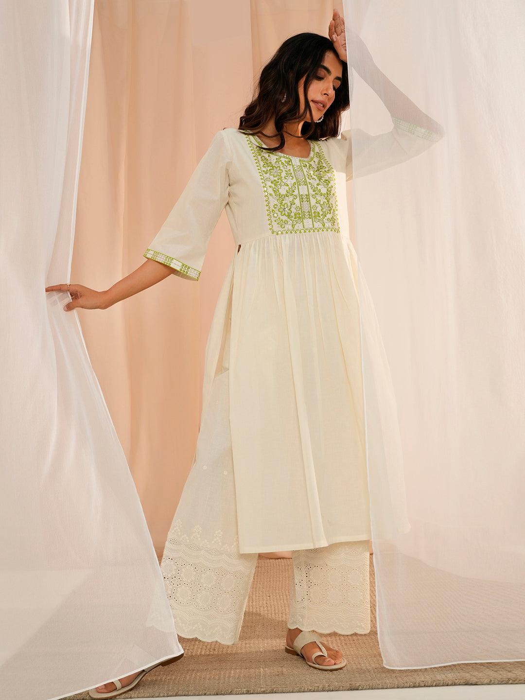 Off White Yoke Design Cotton A-Line Kurta - Libas