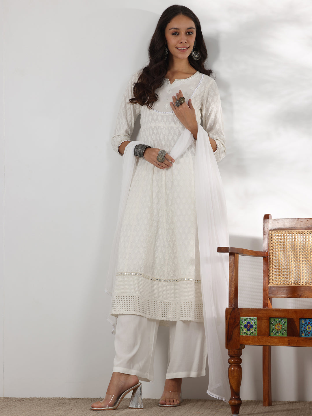  White Embroidered Cotton Anarkali Suit With Dupatta 