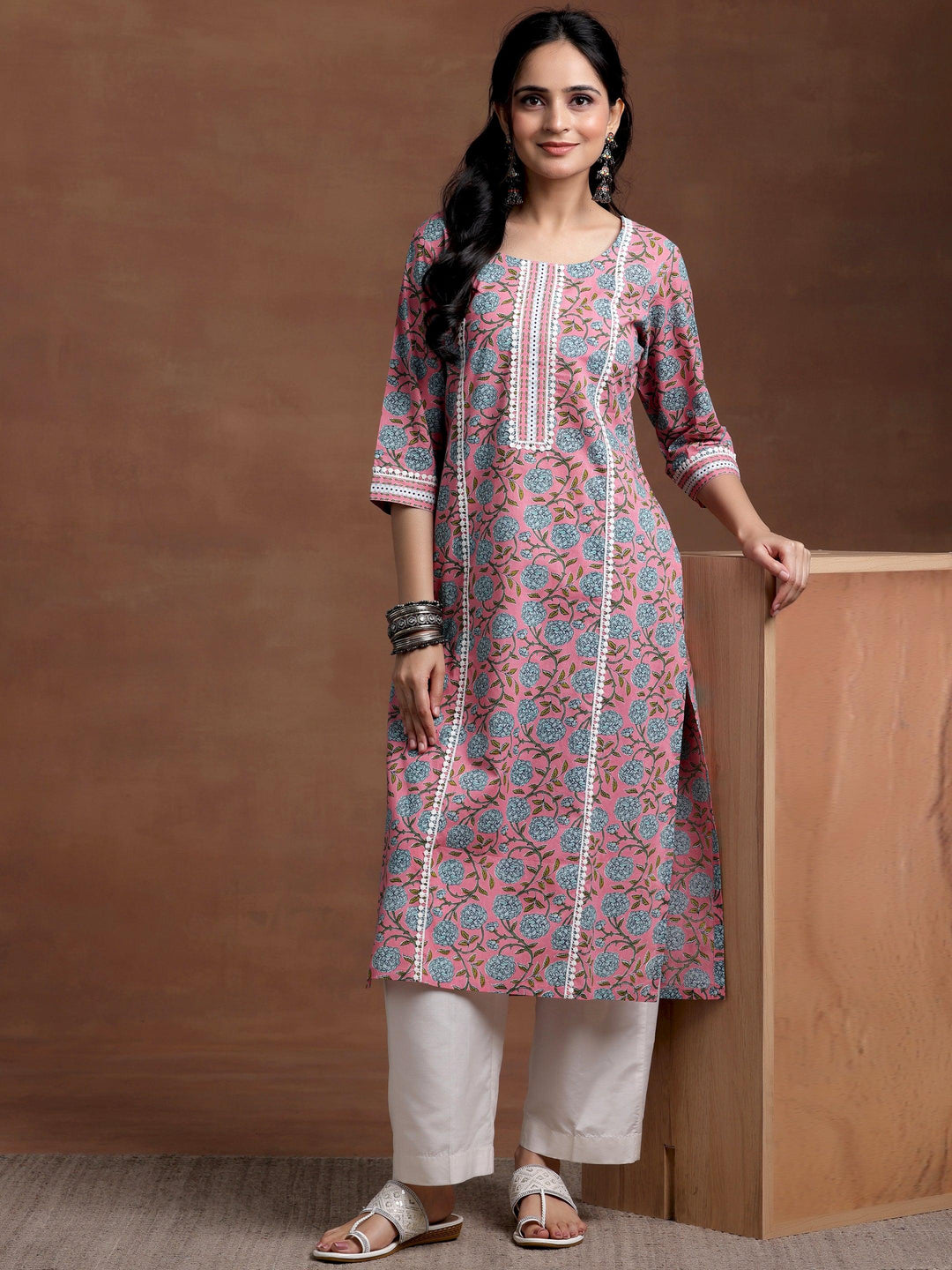 Pink Printed Cotton Straight Kurta - Libas 