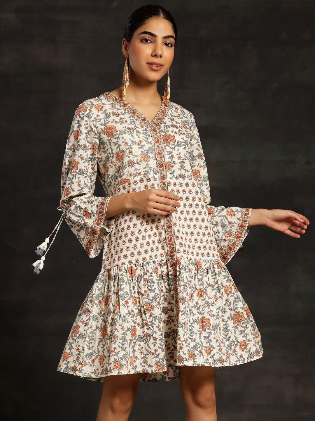 Beige Printed Cotton A-Line Dress - Libas 