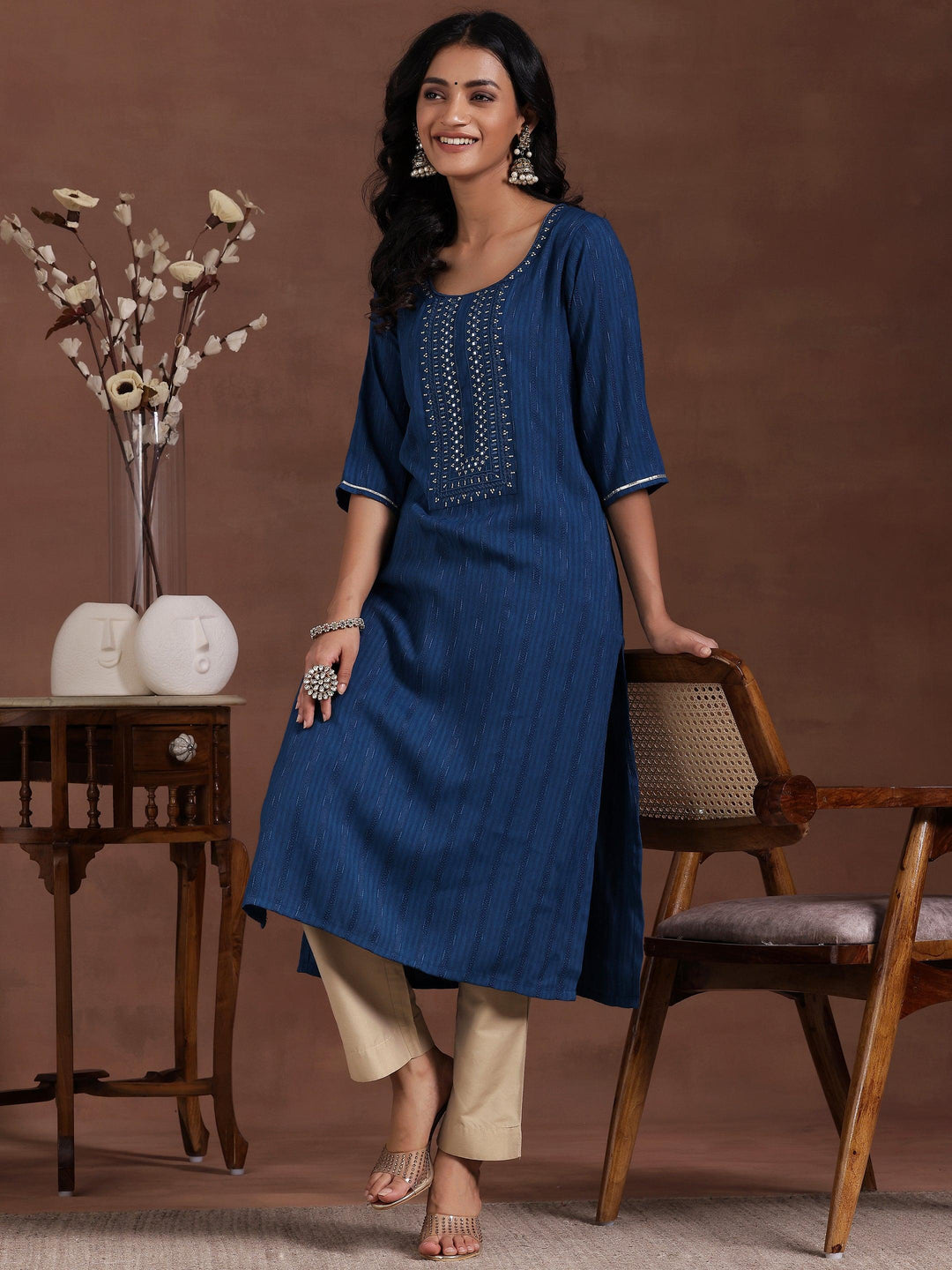 Blue Yoke Design Rayon Straight Kurta - Libas