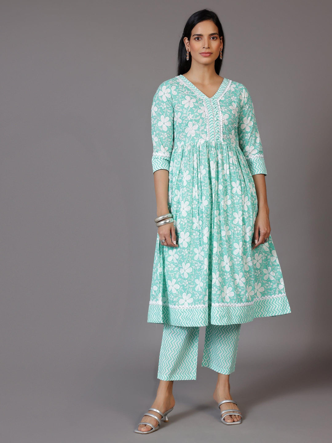 Green Printed Cotton Anarkali Kurta Set - Libas