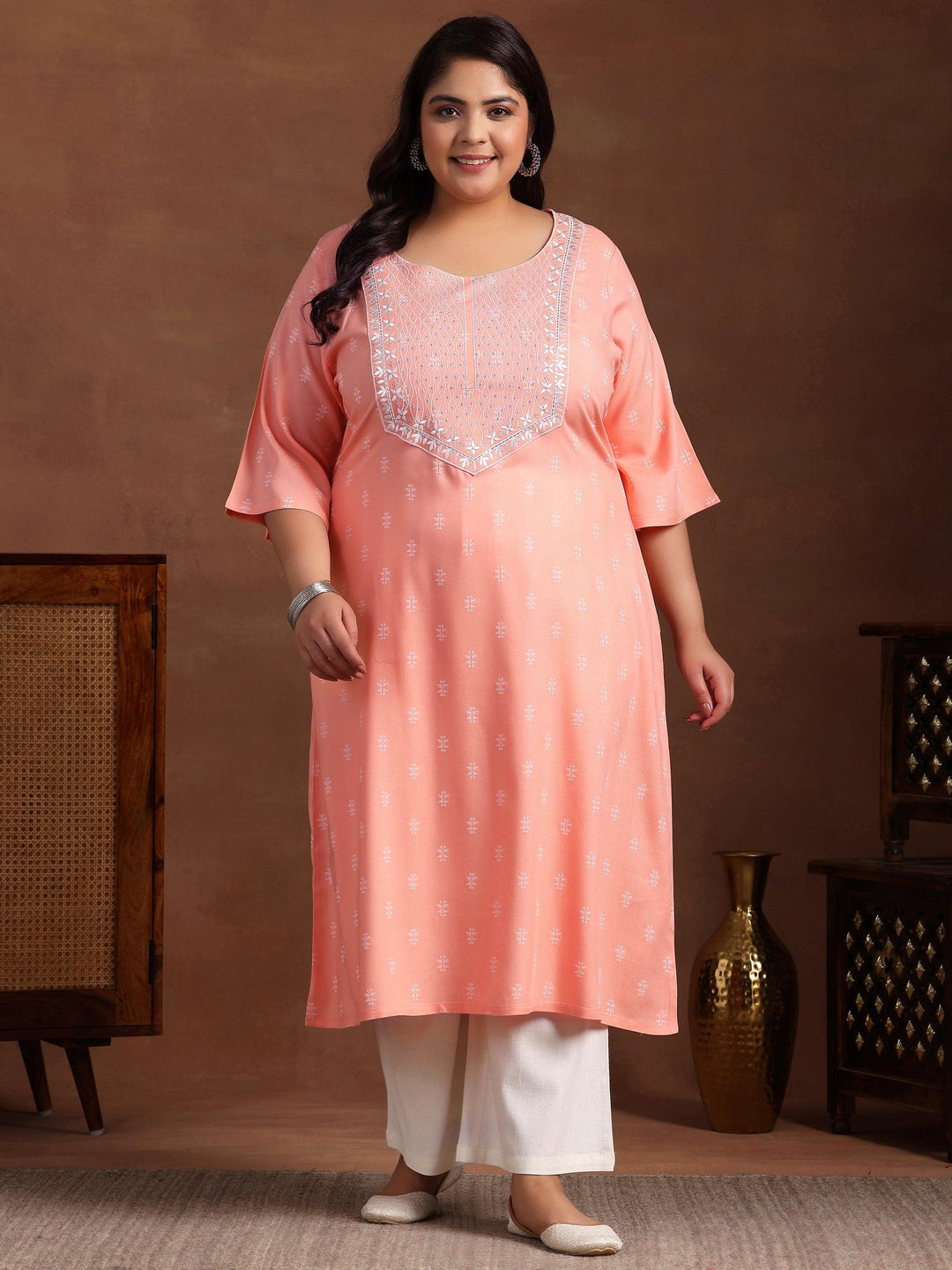 Plus Size Peach Woven Design Rayon Straight Kurta - Libas 