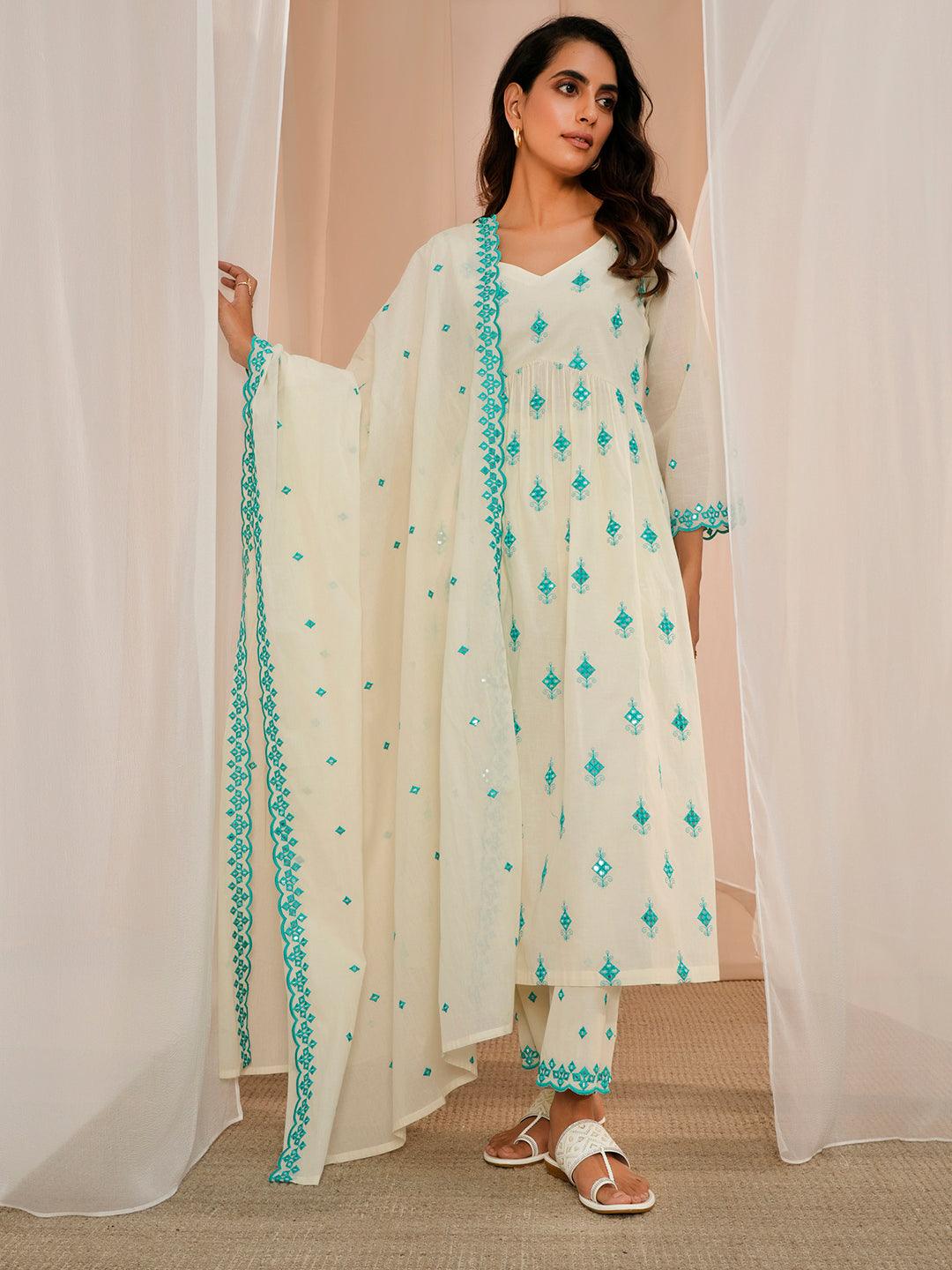 Off White Embroidered Cotton Anarkali Suit With Dupatta - Libas 