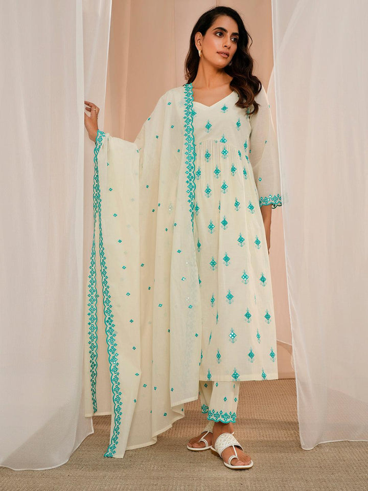 Off White Embroidered Cotton Anarkali Suit With Dupatta - Libas