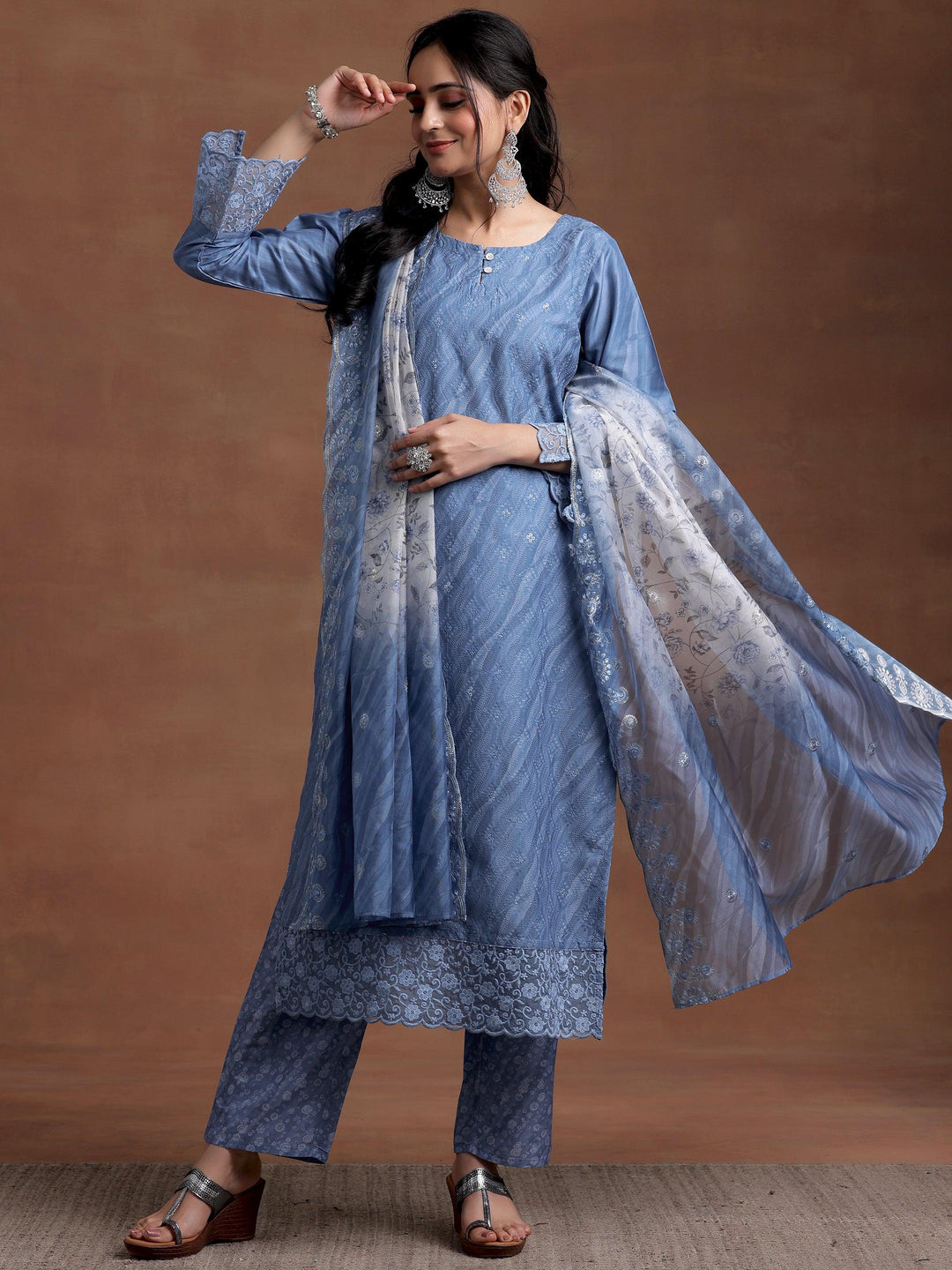 Blue Embroidered Silk Blend Straight Suit With Dupatta - Libas 