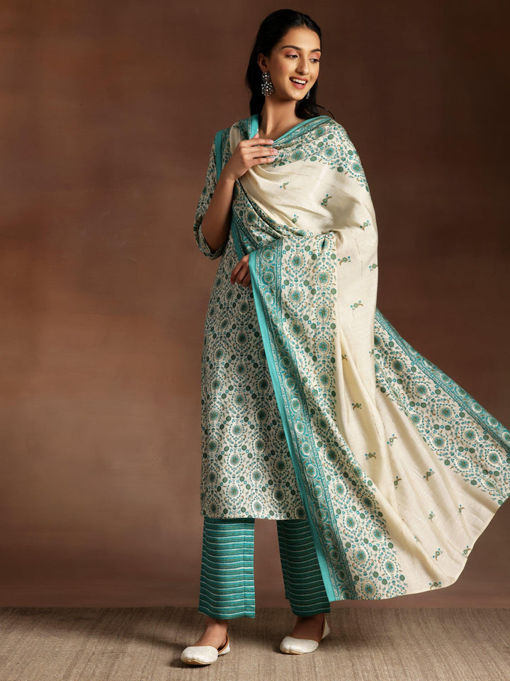 Blue Printed Silk Blend Straight Suit With Dupatta - Libas