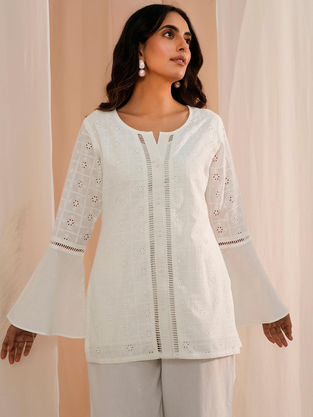 White Embroidered Cotton Straight Kurti - Libas 