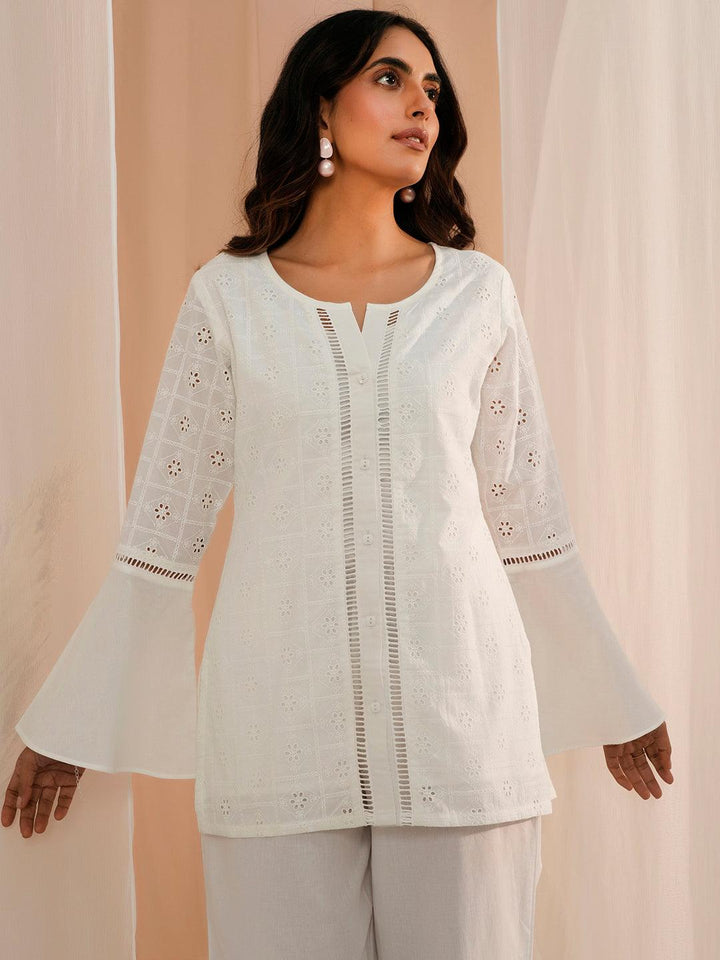 White Embroidered Cotton Straight Kurti - Libas