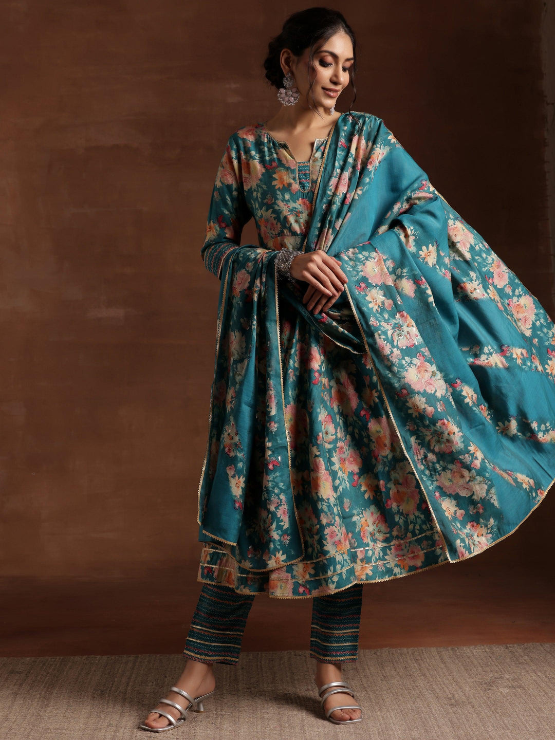 Blue Printed Silk Blend Anarkali Suit With Dupatta - Libas 