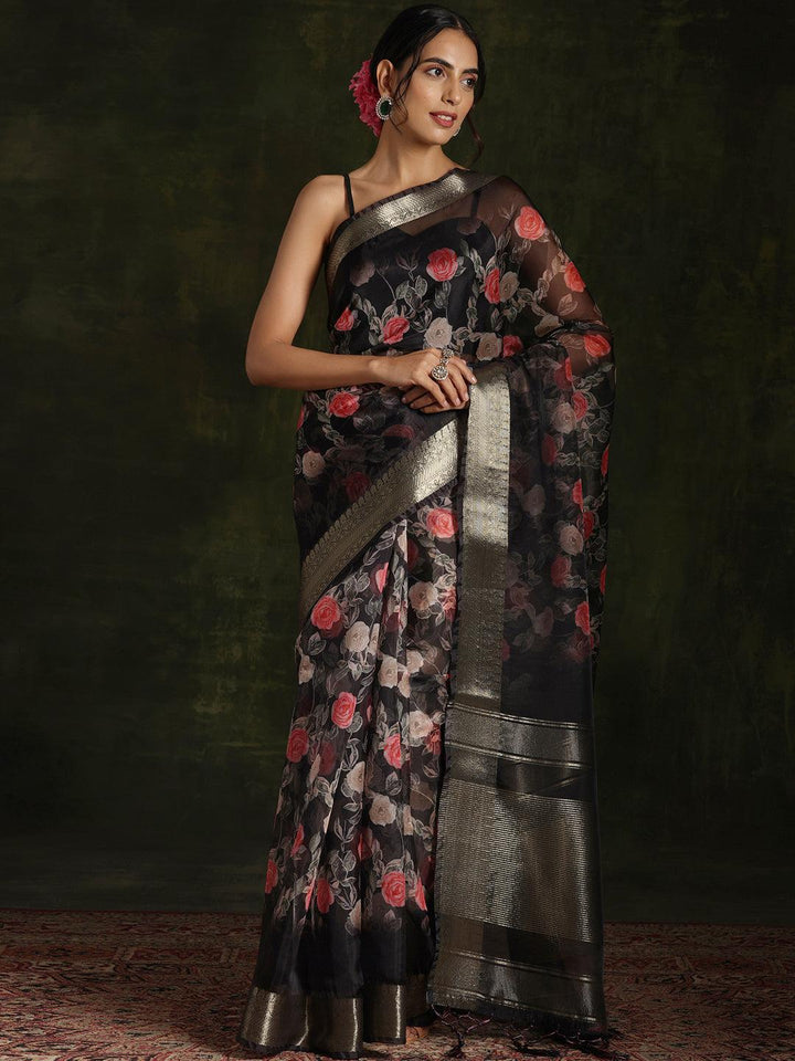 Black Printed Organza Saree With Unstitched Blouse Piece - Libas