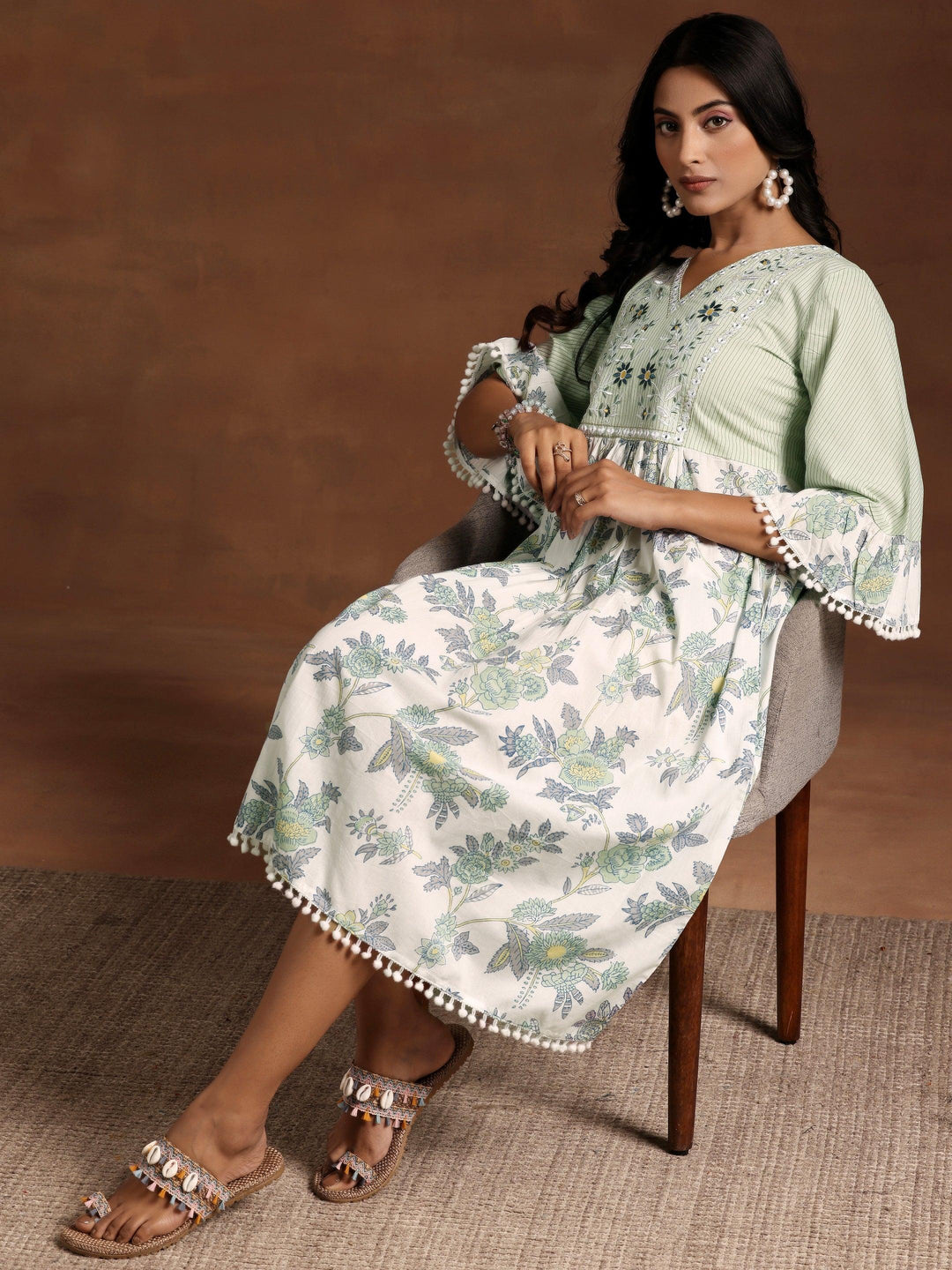 Green Printed Cotton A-Line Kurta - Libas 