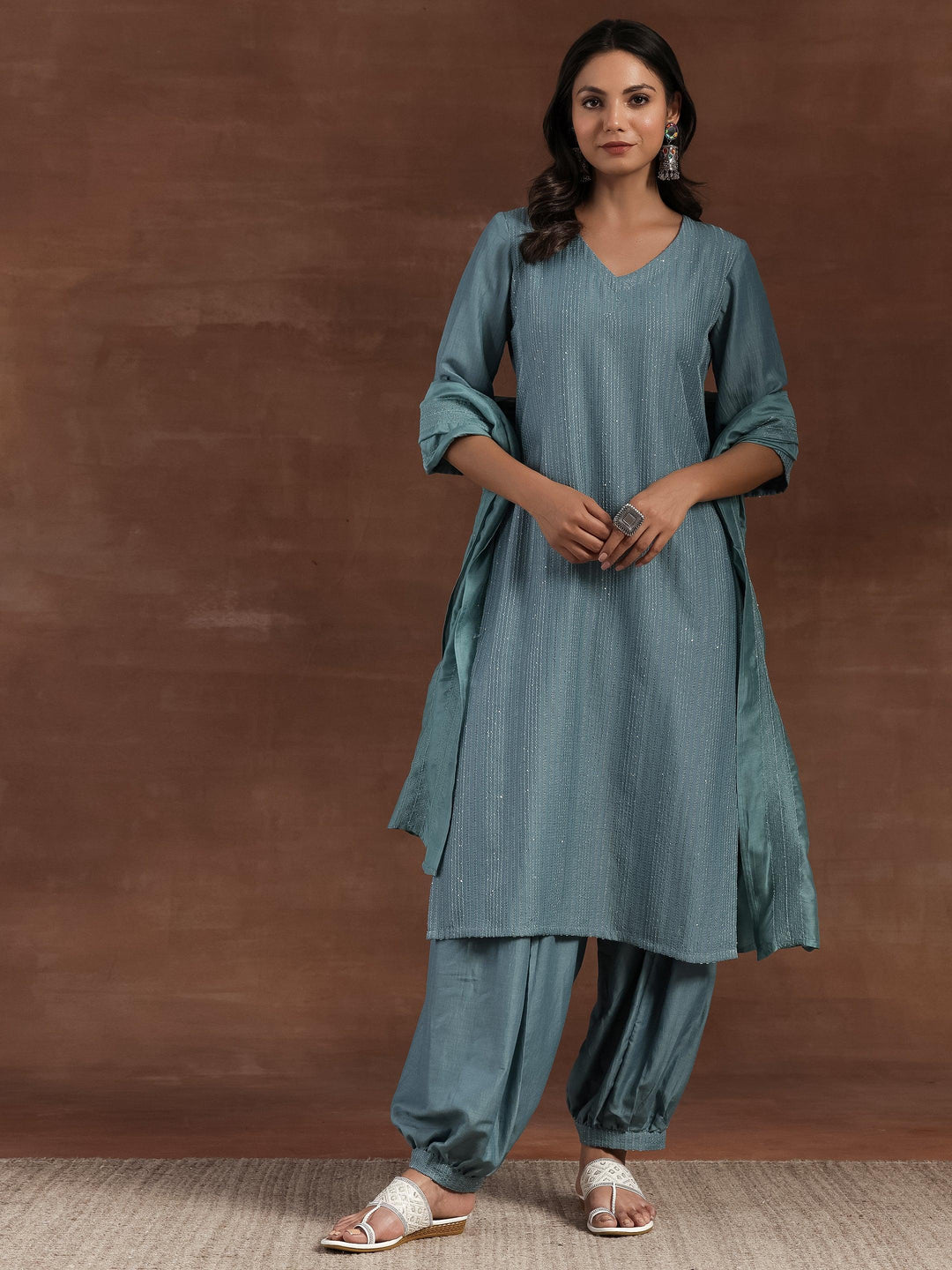 Grey Self Design Silk Blend Straight Suit With Dupatta - Libas 