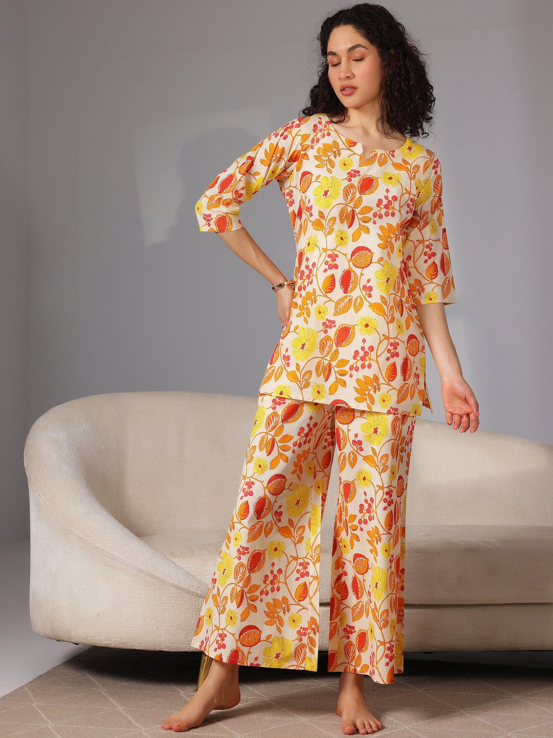 Yellow Printed Cotton Night Suits - Libas