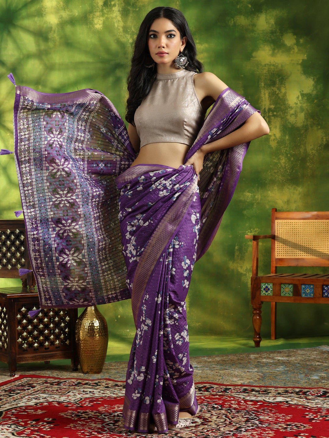 Lavender Printed Silk Blend Saree With Unstitched Blouse Piece - Libas