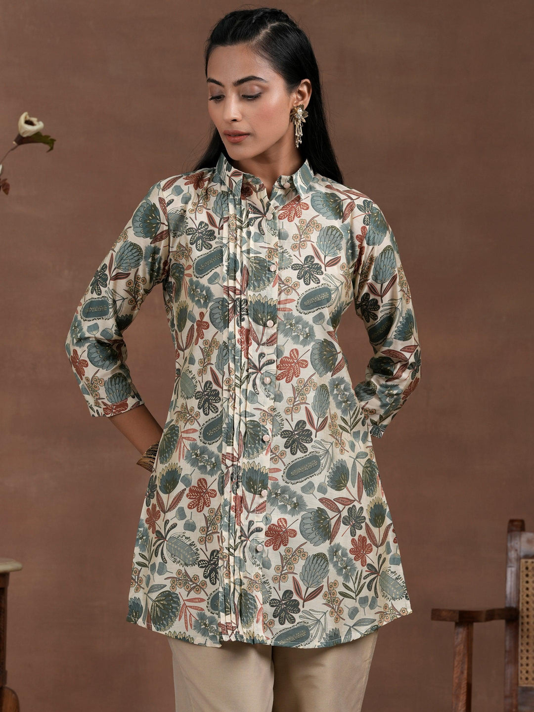 Beige Printed Silk Blend Straight Kurti - Libas 