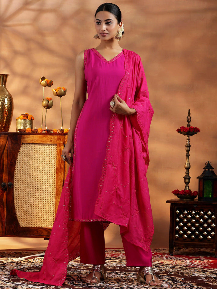 Pink Solid Silk Blend Straight Suit With Dupatta - Libas