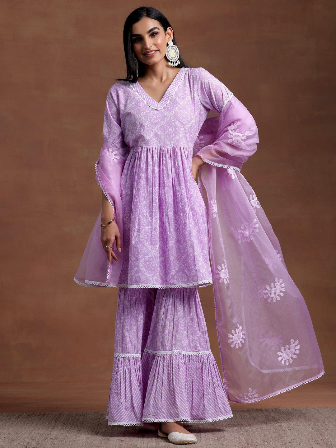 Purple Printed Cotton A-Line Kurta With Sharara & Dupatta - Libas 