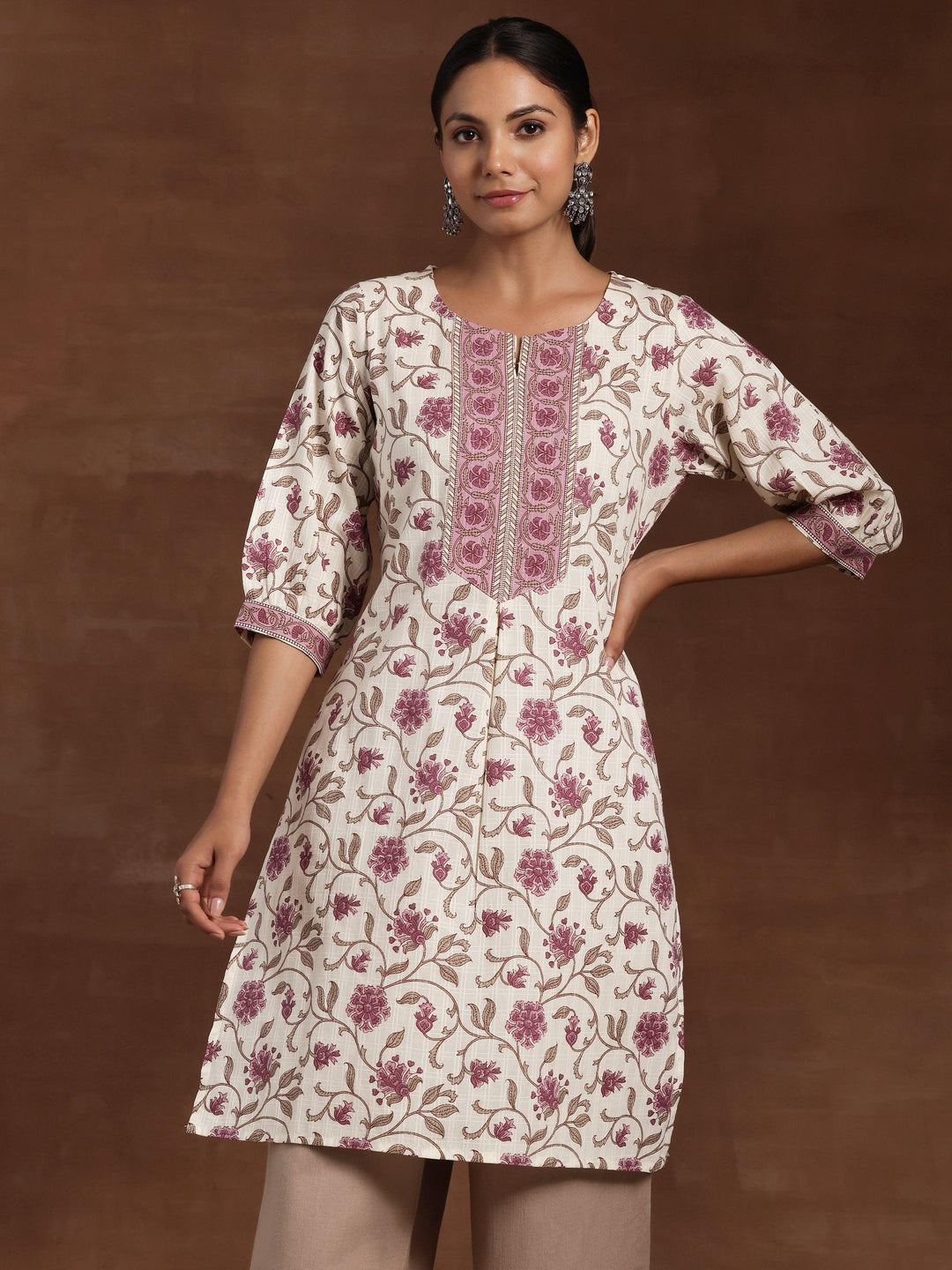 Beige Printed Cotton Straight Kurta - Libas 