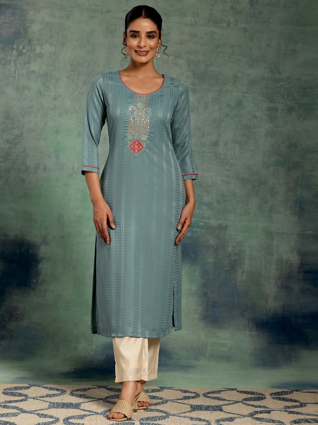 Blue Yoke Design Silk Straight Kurta - Libas 