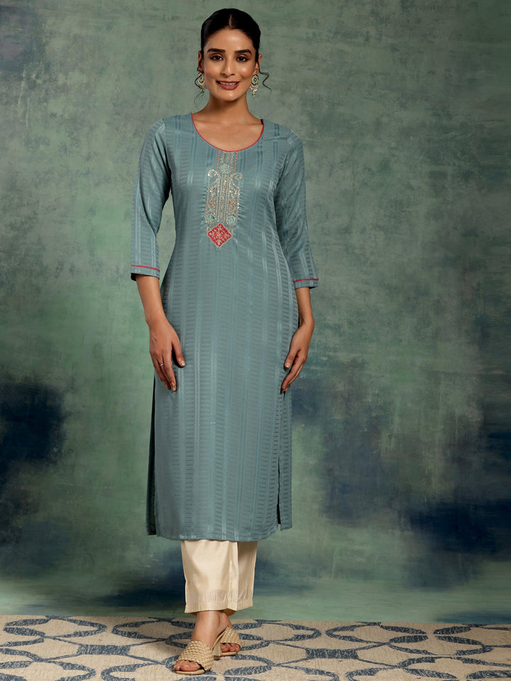 Blue Yoke Design Silk Straight Kurta - Libas