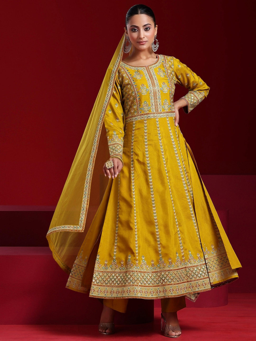 Libas Art Mustard Embroidered Silk Blend A-Line Kurta With Sharara & Dupatta - Libas