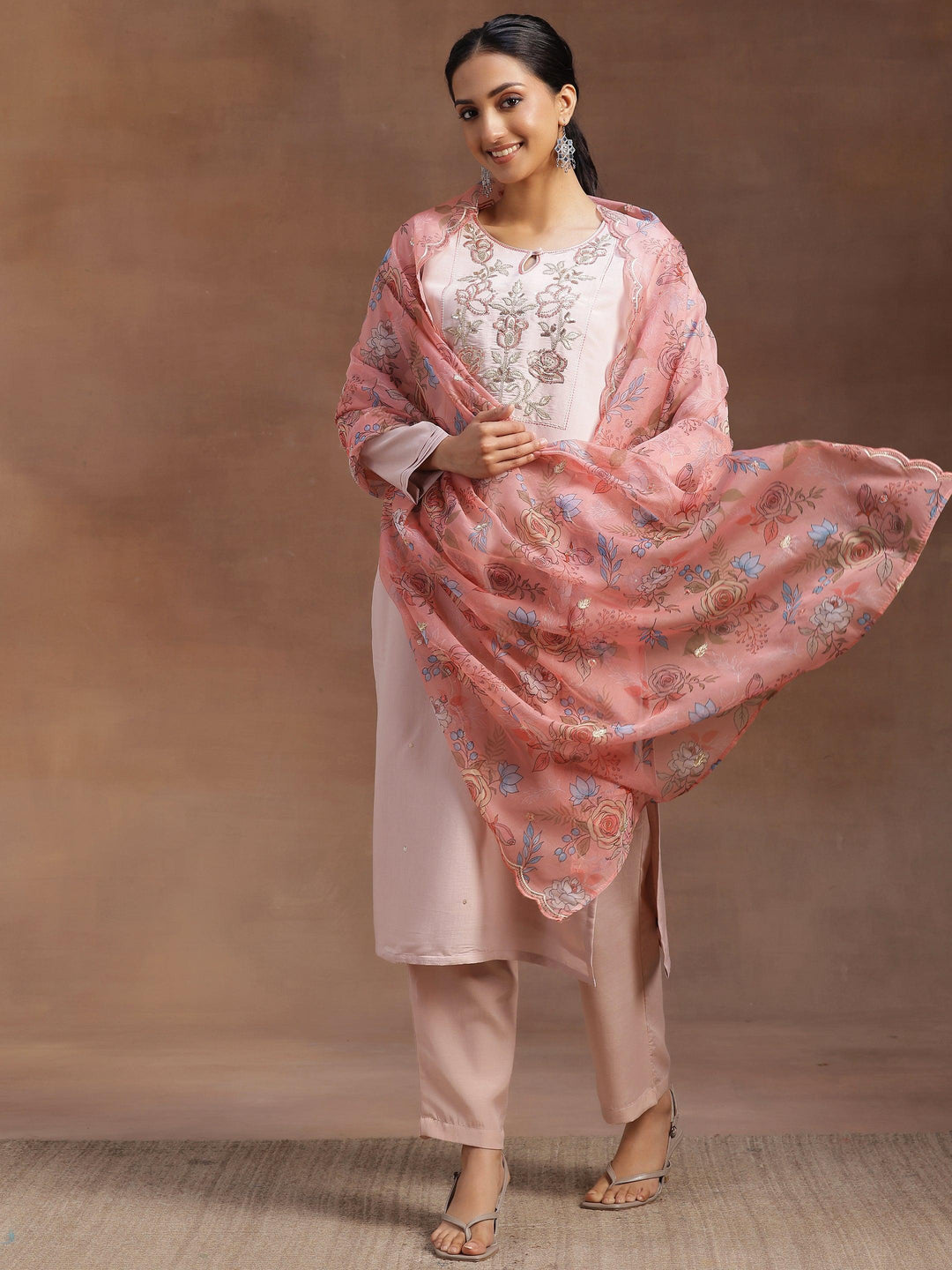 Peach Yoke Design Silk Blend Straight Suit With Dupatta - Libas 