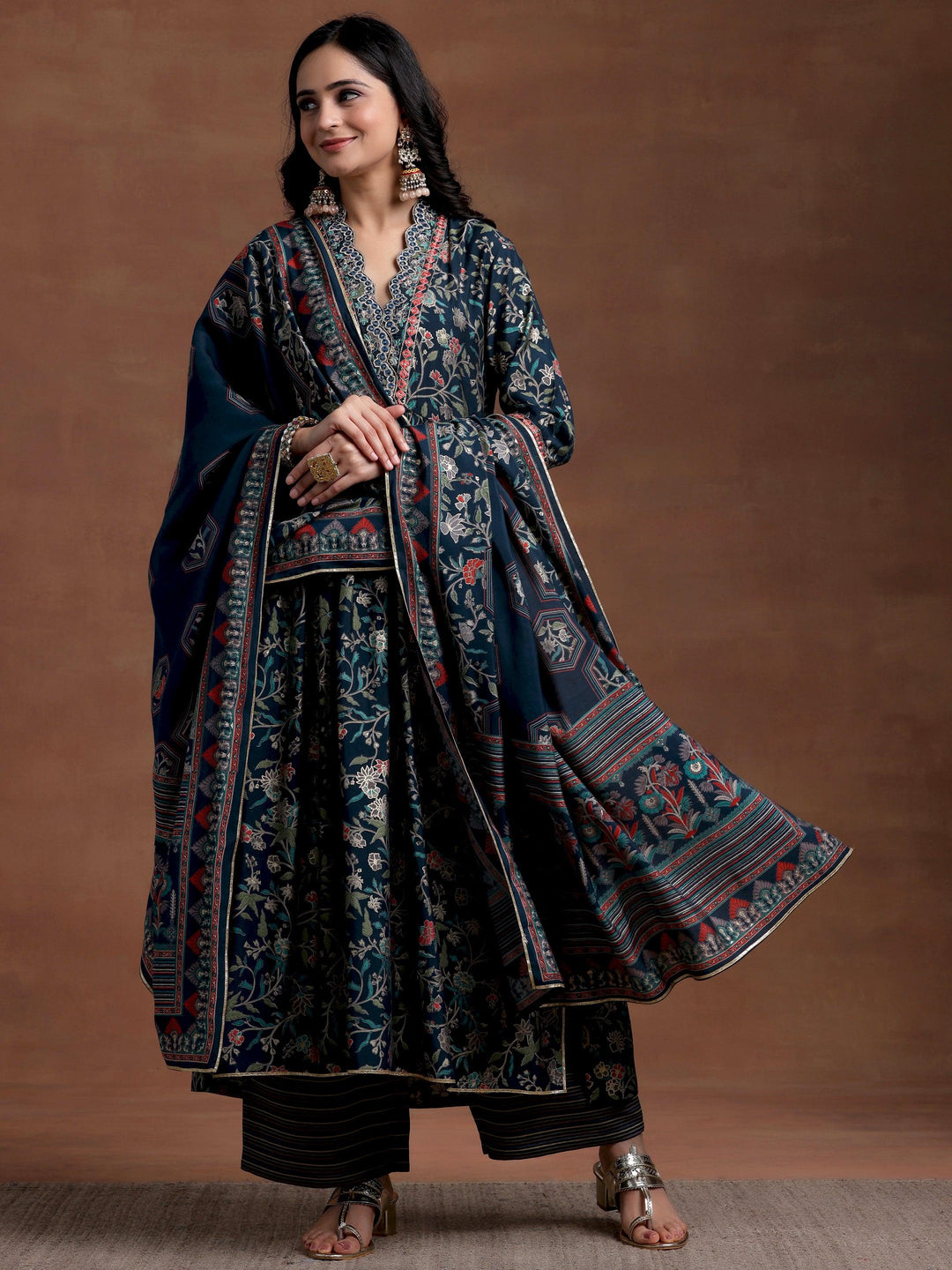 Blue Printed Silk Blend A-Line Kurta With Palazzos & Dupatta - Libas 