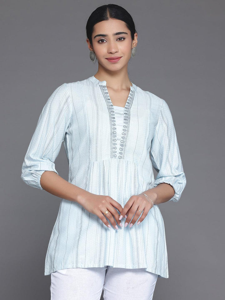 Blue Woven Design Cotton Blend Straight Kurti - Libas