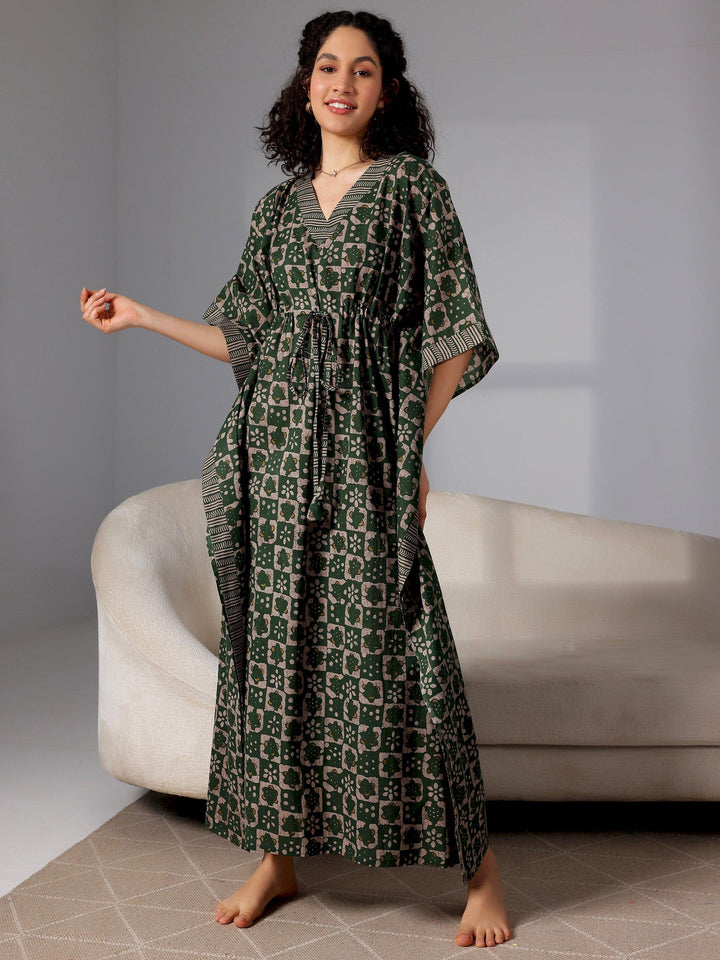 Green Printed Cotton Kaftan Night Dress - Libas