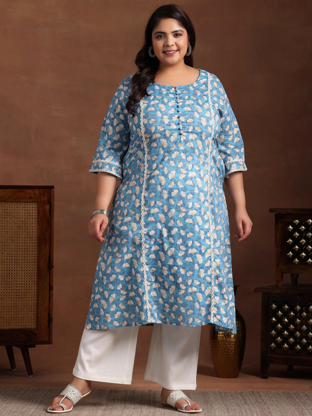 Plus Size Blue Printed Cotton A-Line Kurta - Libas 