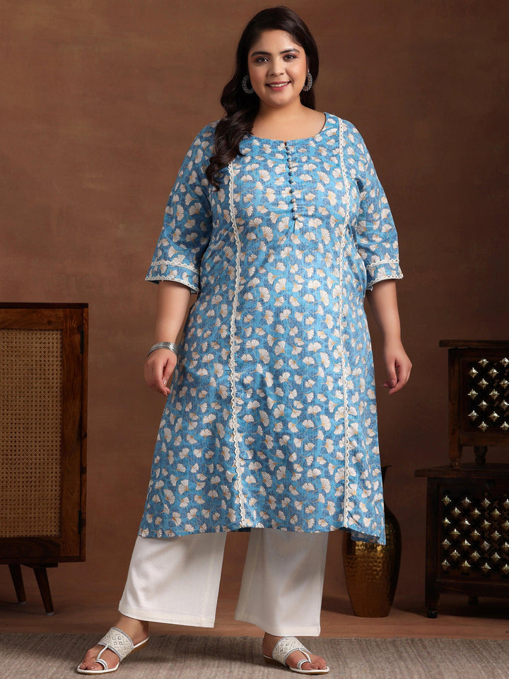 Plus Size Blue Printed Cotton A-Line Kurta - Libas