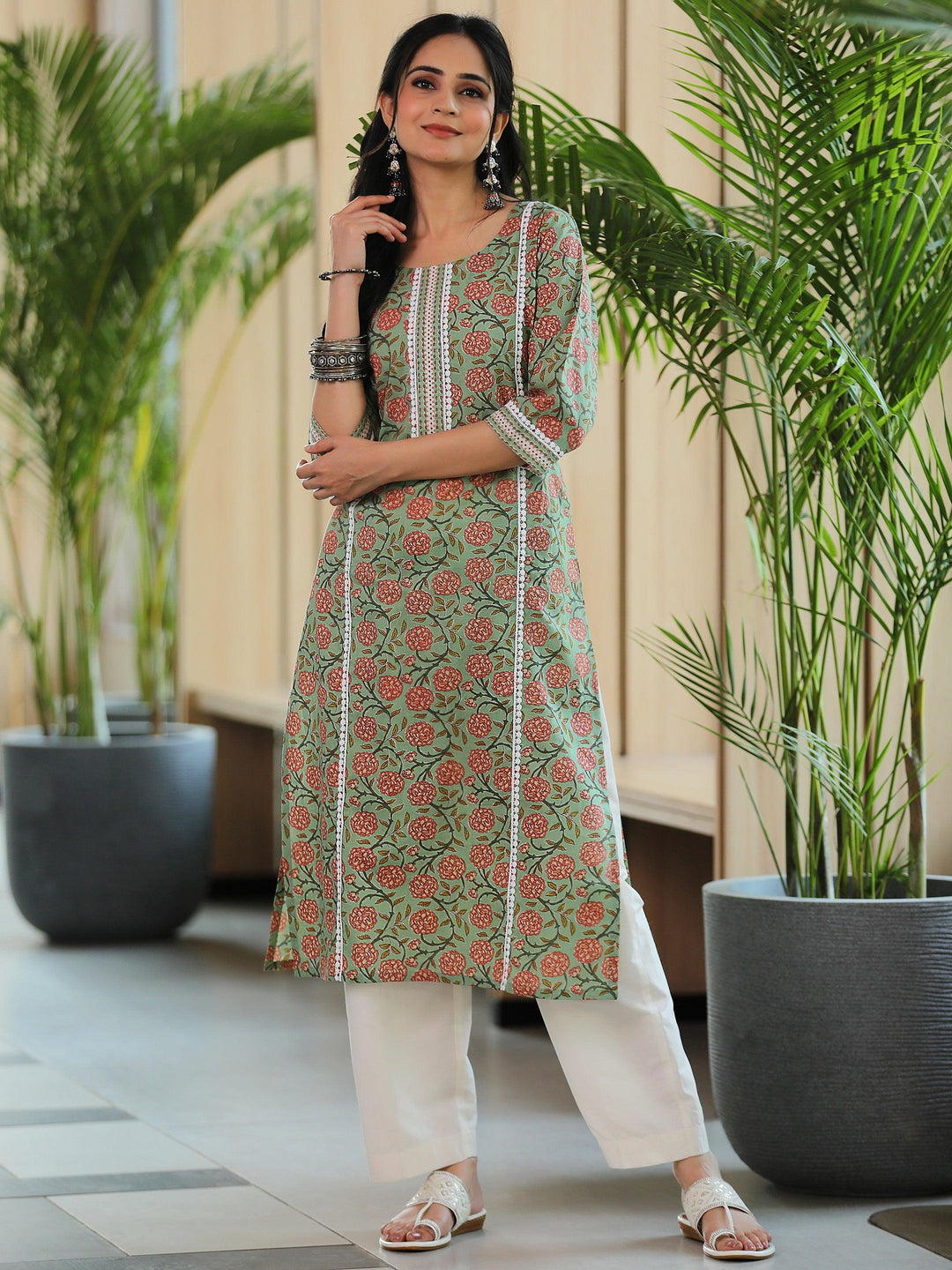 Green Printed Cotton Straight Kurta - Libas 