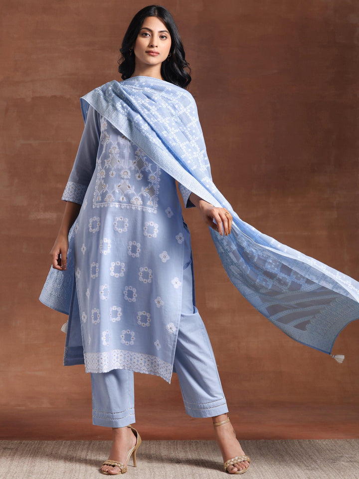 Blue Woven Design Cotton Straight Suit With Dupatta - Libas